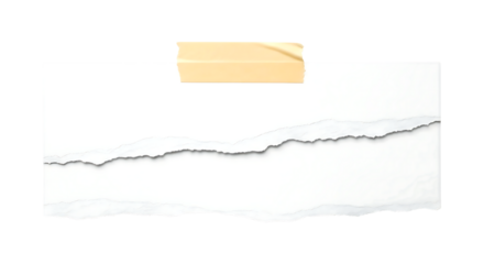 A torn piece of white paper with a rough edge is taped to a black background with a single piece of yellow tape at the top