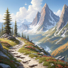 Serene Mountain Landscape with Trail and Lush Vegetation in Spring