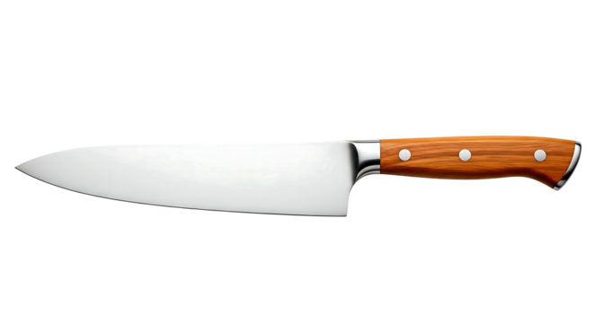 A sharp stainless steel chef s knife with a beautiful wooden handle isolated on a solid black background for culinary use