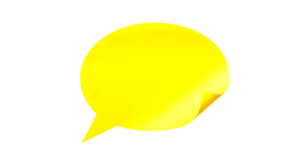 A bright yellow speech bubble sticker with a slight curl on the edge isolated on a stark black background representing communication and ideas