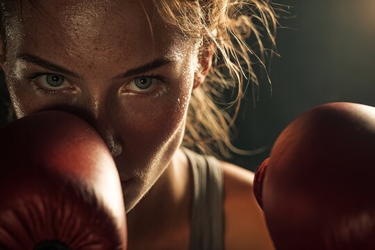 Female boxer in gloves training, photographed in close-up with moody background. image highlights motivation, resilience and health. Perfect for fitness blogs, gym posters, and motivational campaigns