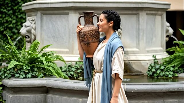 Woman in historical attire holding a clay amphora next to a stone fountain, portraying ancient life and historical reenactment footage.