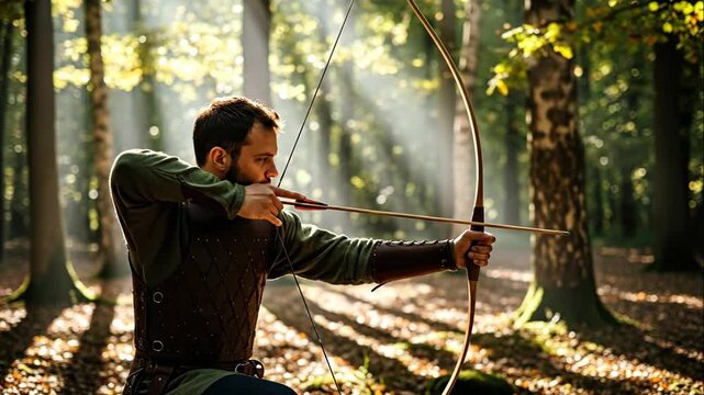 Man archer drawing bow, aiming, and releasing arrow in sunlit forest ready for medieval action footage