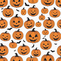 Halloween Pumpkin Pattern with Smiling Faces and Flying Bats