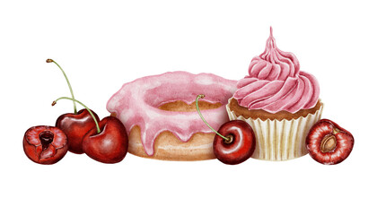 Watercolor illustration pink cupcake glazed donut and fresh cherries, realistic style. for bakery packaging dessert branding food blogs childrens party invitations menus and confectionery promotions.