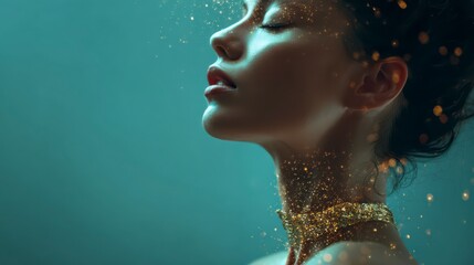 Serene Contemplation: Capturing a woman in peaceful reverie. Her eyes gently closed, reflecting a moment of quiet reflection and inner peace. Delicate gold particles dance around her.