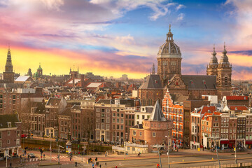 Amsterdam, Netherlands town cityscape over the Old Centre District with Basilica of Saint Nicholas 886