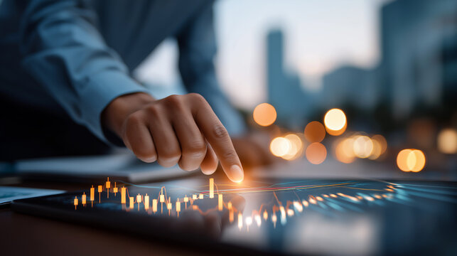 Faceless finance trade manager analyzing stock market indicators for best investment strategy financial data charts with defocused business buildings background market analysis - Powered by Adobe