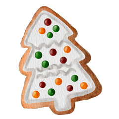 Christmas gingerbread. Winter homemade Christmas sweets in a gingerbread shape. Festive sugar cookies isolated on a white background. Cartoon watercolor illustration.
