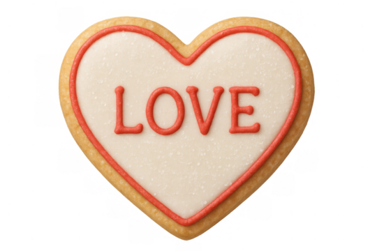 Heart-shaped cookie with red love text on white icing, sweet dessert for valentine's day, romance, celebration, transparent background