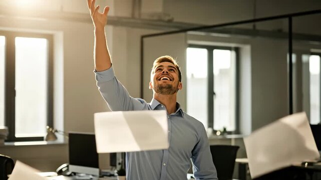 Happy man throwing paperwork celebrating success in office. Business achievement and motivation concept footage.