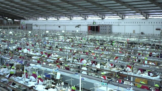 Sewing machine factory crowded Factory employee. Worker activity in a textile factory. factory worker sewing gloves using modern sewing machines
