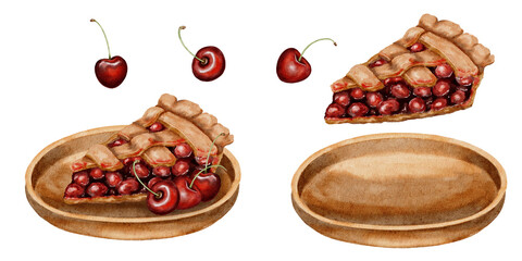 Watercolor illustration set cherry pie slice with fresh cherries on a wooden plate painted in realistic style. for bakery packaging dessert menus cookbooks pastry branding food blogs and seasonal ads.