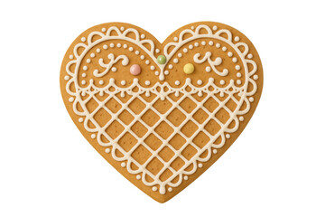 Gingerbread heart cookie with elaborate white icing and candy sprinkles for valentine's day celebrations, transparent background