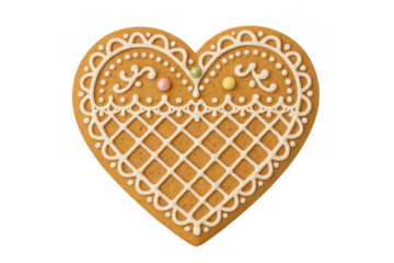 Gingerbread heart cookie with elaborate white icing and candy sprinkles for valentine's day celebrations, transparent background