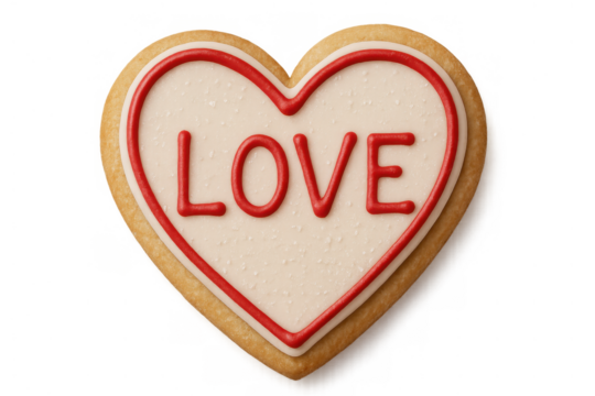 Heart shaped cookie with love inscription, symbolizing romance, valentine's day, and sweet affection, transparent background