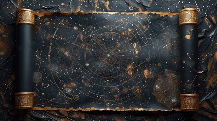 Elegant mystic scene featuring black scroll with gold accents over starry design.