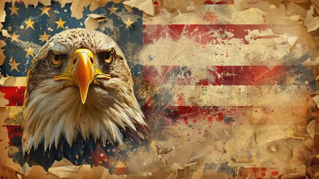Patriotic artwork showing bald eagle emerging from torn paper with US flag background.