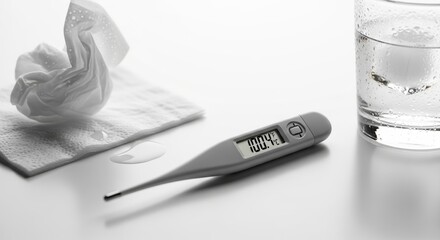 Digital thermometer showing mild fever with tissue and glass of water  