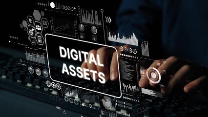 Hands on Keyboard with Digital Assets Interface Visualization and Data Analytics Graphics Displayed. Asymptotic smart data analytic.