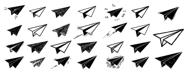 Hand drawn doodle paper plane collection. Vector set of flying origami airplane sketch icons