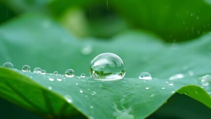 Raindrop falling on a green lotus leaf, water accumulating and forming a single large, clear droplet in nature footage - Powered by Adobe