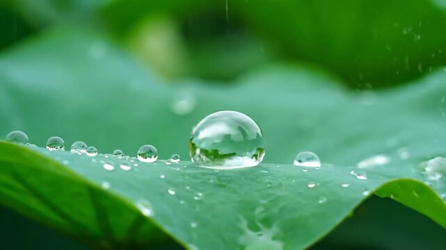 Raindrop falling on a green lotus leaf, water accumulating and forming a single large, clear droplet in nature footage