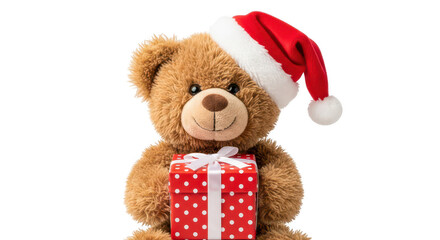 Teddy bear in Santa hat hugging a red polka dot gift box, isolated on transparent background, cutout, creative design element for Christmas and holiday decor.