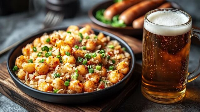 Delicious potato gnocchi dish with grilled sausages and a chilled beer glass