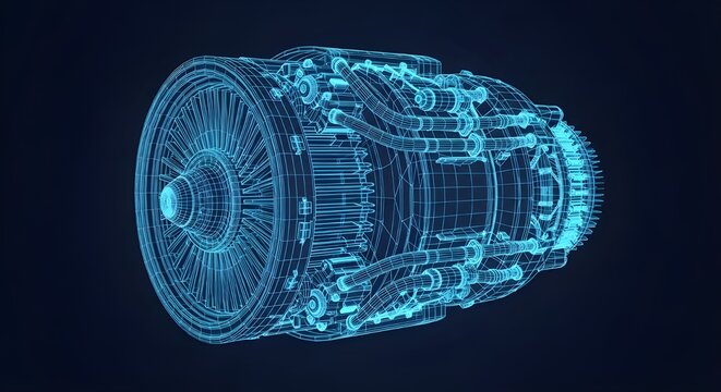 Train engine Blue wireframe blueprint of a jet engine turbine on dark background aircraft