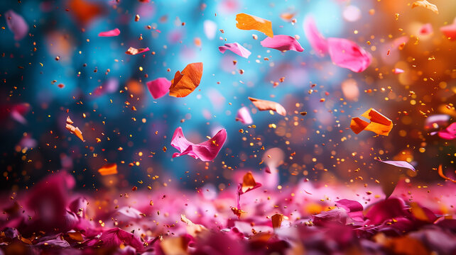 Pink and orange flower petals are falling from the sky. Christmas, New Year, Cyber Monday, sale, purchase, black friday - Powered by Adobe