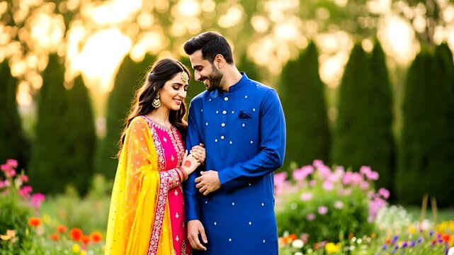 Pakistani couple in vibrant traditional attire celebrating joyfully outdoors