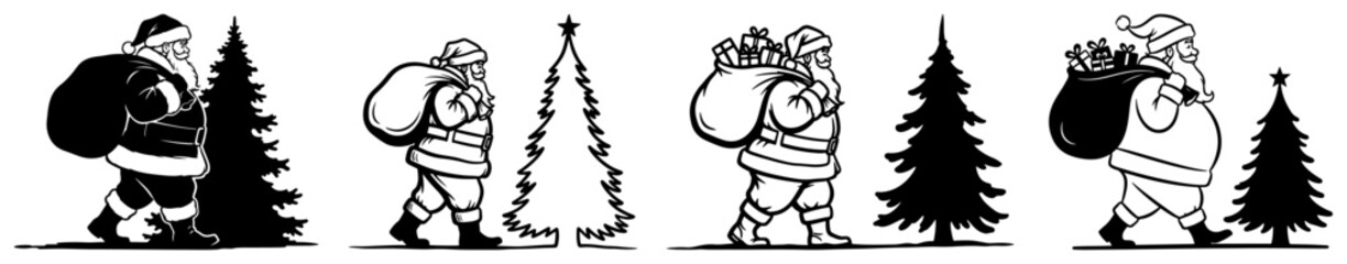 Walking Santa Claus border with sack and fir trees horizontal festive divider hand drawn vector