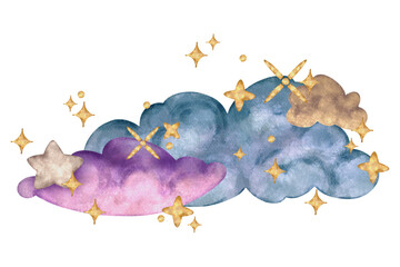 Watercolor illustration of pastel blue and purple clouds decorated with golden stars. Illustration for nursery design, baby prints, posters, textiles, and packaging.