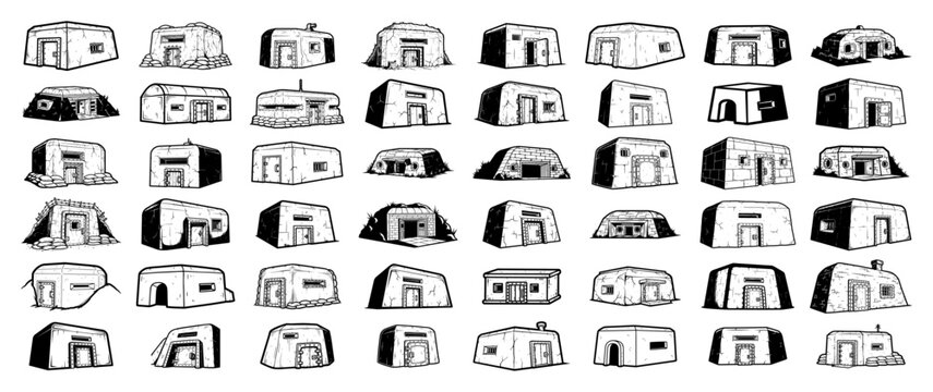 Set of bunker icons Hand drawn shelter and fortification building silhouettes