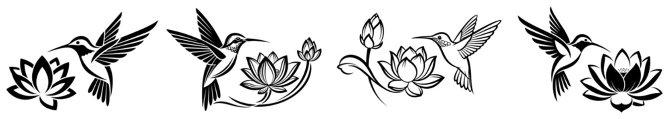 Hummingbird and lotus flower icons set hand drawn decorative tattoo style vector border