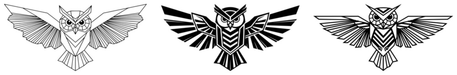 Owl emblems with spread wings geometric tribal tattoo style vector set
