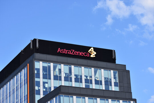 AstraZeneca company office, multinational pharmaceutical corporation. WARSAW, POLAND - AUGUST 30, 2025