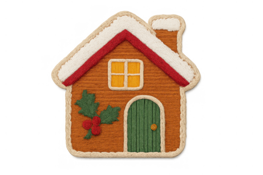 Gingerbread house textile craft featuring white snow, red roofline, green door, and holly creating a cozy christmas decor, transparent background