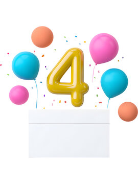 Gold number 4 balloon with pastel balloons isolated on transparent background, ideal for birthday and festive designs.