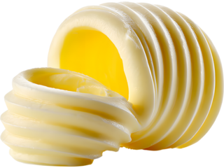 Smooth yellow butter curl isolated on transparent background, ideal for breakfast and food visuals.