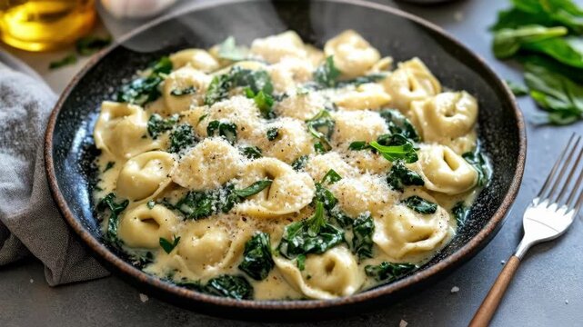 Creamy tortellini with spinach and parmesan in a black bowl on table setting
