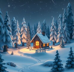 Cozy winter cabin in the woods surrounded by snow-covered trees and glowing stars