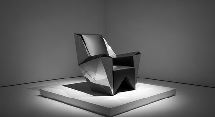 Modern geometric armchair displayed on a pedestal in a minimalist room