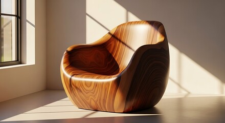 A unique, organically shaped wooden armchair bathed in warm sunlight near a window