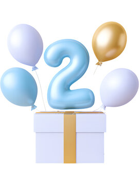 Number 2 balloon with pastel balloons and gift box isolated on transparent background, perfect for birthday visuals.