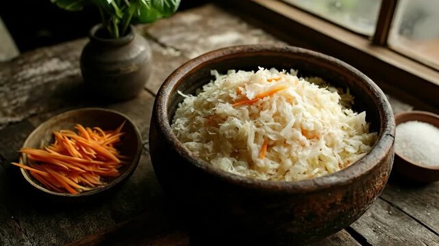 Rustic wooden bowl of sauerkraut and carrots on vintage wooden table