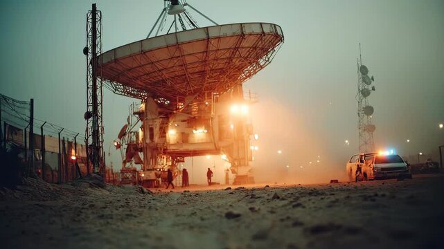 Military surveillance team monitoring a large satellite dish at night on a desert outpost with a vehicle and communication towers footage.