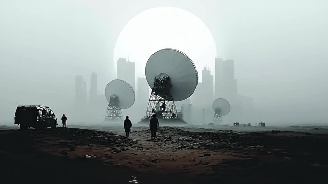 Men exploring a desolate, foggy landscape with satellite dishes and a futuristic city under a giant sun, sci-fi footage.
