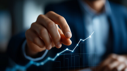 Faceless businessman draw growth graph and progress of business analyzing financial investment data on blue background business planning strategy financial forecasting growth